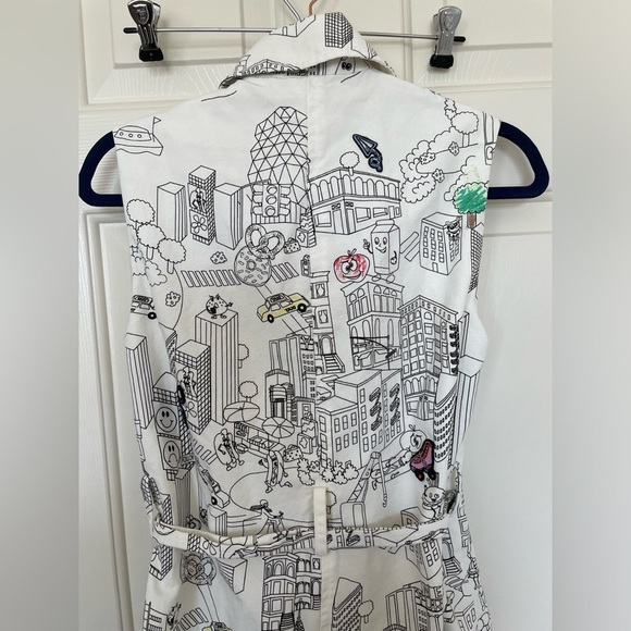 Mira Mikati Sleeveless Cityscape Print Shirt Dress Belted Collared Button Front - Picture 9 of 9